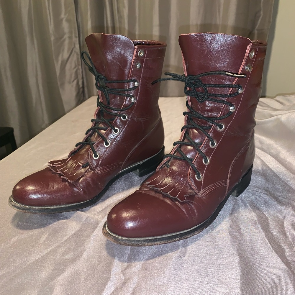 Leather Justine Lace up fringe roper boots